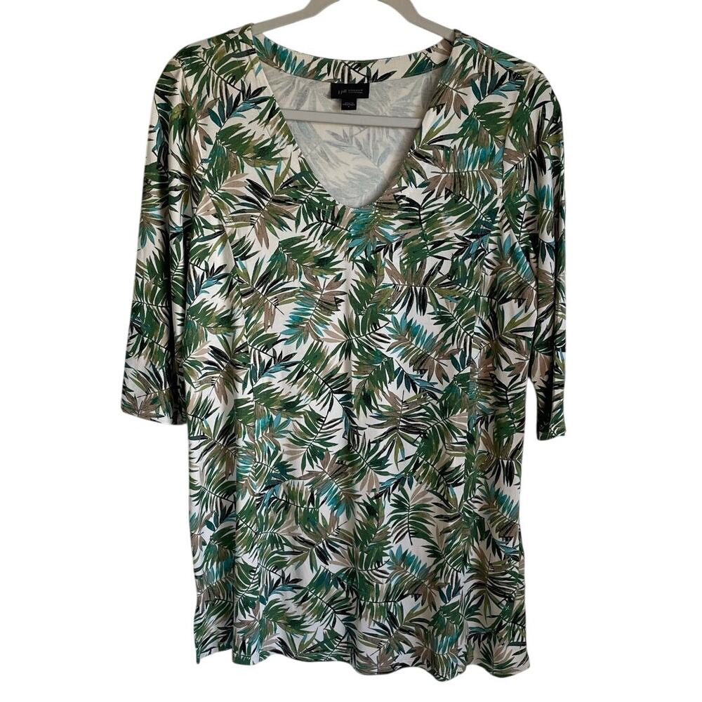J. Jill Wearever V-Neck Tunic Top Sz S Tropical Palm Leaf Green Tan Casual